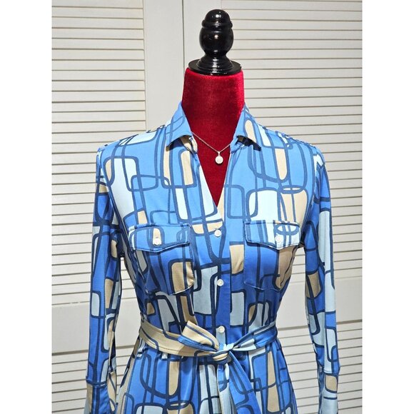J. McLaughlin Women's Blue / Beige Geometric Pattern Button-Front Dress Sz S 204 - Picture 4 of 12